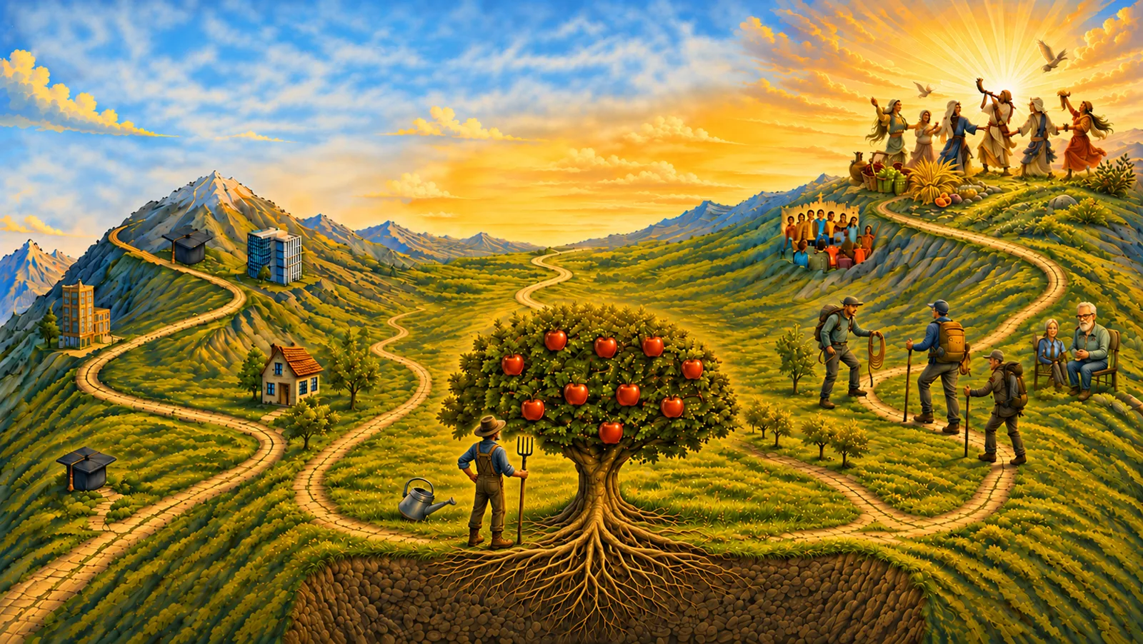 The second-half journey: the first summit behind, a rooted fruit tree in the valley, brothers climbing together toward Jubilee